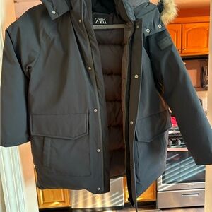 Zara Charcoal Hooded Jacket with Fur Trim